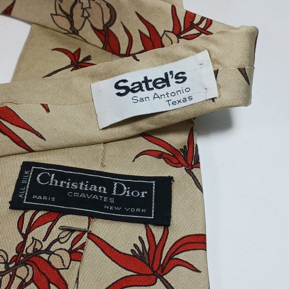 VTG Christian Dior Cravates Men's Silk Tie Tan Rust Yellow Cattails Plants 54" - Picture 7 of 8
